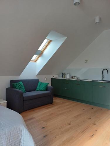 a living room with a couch and a sink in a attic at APARTAMENTY BAŁTYCKA 4d in Rowy