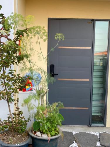 a blue door of a house with some plants at Sodam Haengoong in Suwon