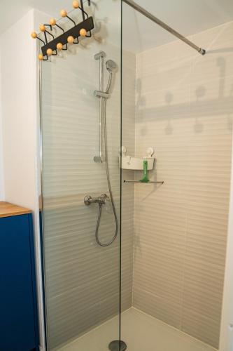 d'une douche avec une porte en verre et un pommeau de douche. dans l'établissement Sete Thau Indigo 403, à Sète