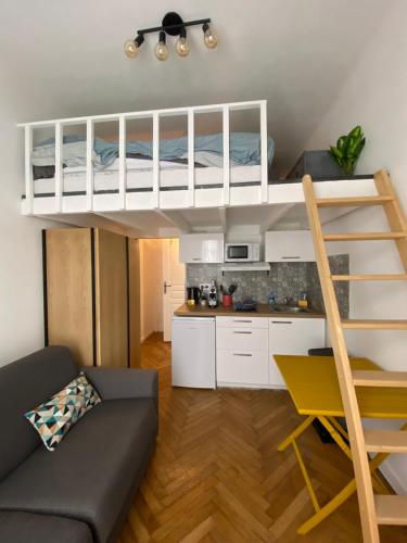 Il comprend un salon avec des lits superposés et une cuisine. dans l'établissement Studio Hérold - Évasion avec Terrasse à Nice, à Nice