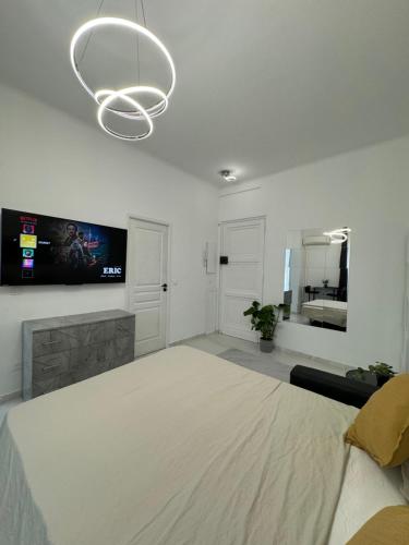 - un salon avec un grand lit et une télévision dans l'établissement Newly refurbished studio, à Nice