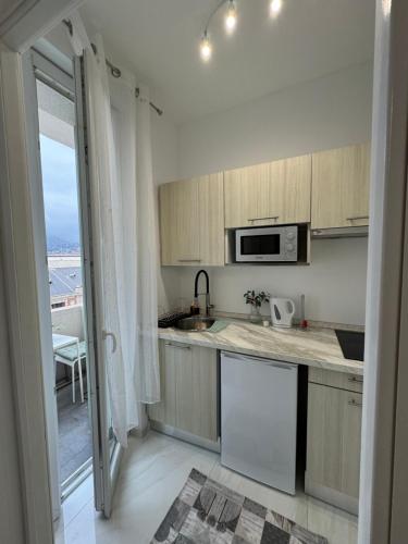 une cuisine avec un évier et un micro-ondes dans l'établissement Newly refurbished studio, à Nice