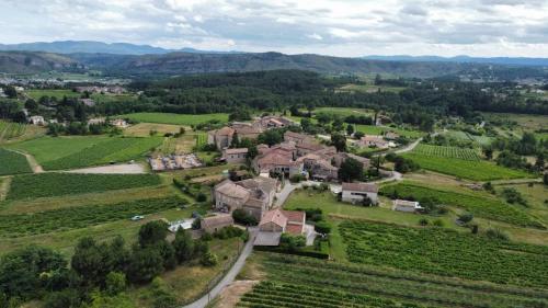 une vue aérienne d'une maison dans un vignoble dans l'établissement Studio maison en pierre avec terrasse, à Rosières