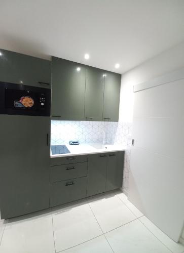 une cuisine avec des armoires grises et un évier dans l'établissement Maisonnette entière, à Ivry-sur-Seine