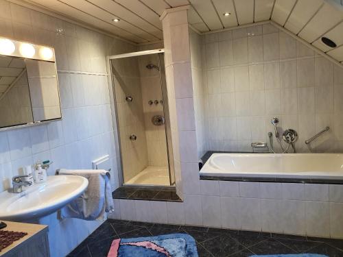 a bathroom with a shower and a tub and a sink at Ferienwohnung Am Gillrather Hof in Geilenkirchen
