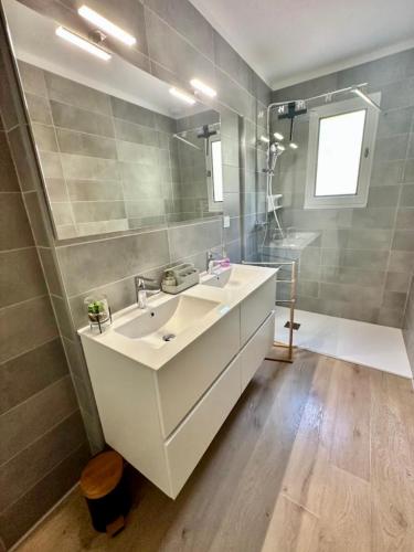 une salle de bain avec un lavabo blanc et un miroir dans l'établissement Villa spacieuse, au calme, en bord de rivière, à Lauroux