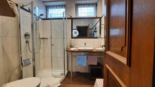 a bathroom with a shower and a toilet and a sink at Haus Valle in Reith bei Seefeld