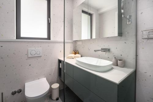 a bathroom with a sink and a toilet and a mirror at The Q Whisper - new deluxe hideaway with sauna, jacuzzi and a garage in Rovinj