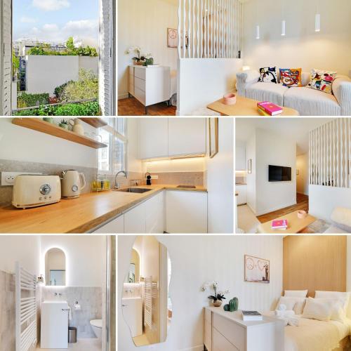 un collage de photos d'une cuisine et d'un salon dans l'établissement Lovely Studio, à Boulogne-Billancourt