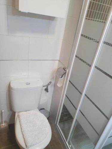 a bathroom with a toilet and a glass shower at 3F, Aire Acondic, 80m2, 2 dormitorios, 4 huéspedes, WIFI GRATIS in La Línea de la Concepción