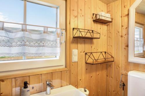 a bathroom with wooden walls and a sink and a window at Tinyhouse Alpakawiese in Schlitz