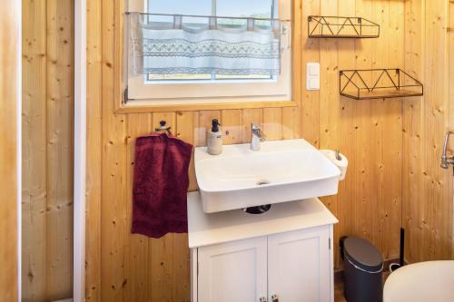 a bathroom with a sink and a window at Tinyhouse Alpakawiese in Schlitz