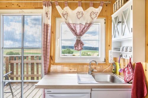 a kitchen with a sink and a window at Tinyhouse Alpakawiese in Schlitz
