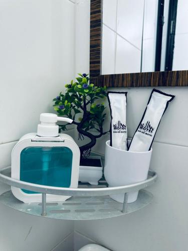 a shelf with a bottle of soap and a plant at Kuu Inn Hotel in Arau