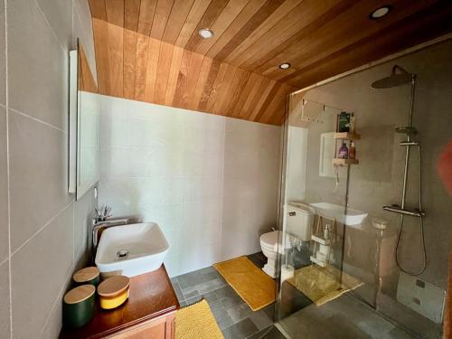 a bathroom with a toilet and a sink and a shower at Private Villa with sauna, hot tub, playground and outside lounge area in Pärnu