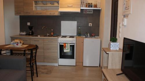Il comprend une cuisine équipée d'une cuisinière, d'un réfrigérateur et d'une table. dans l'établissement A&B My Sweet Home 2, à Anatolí