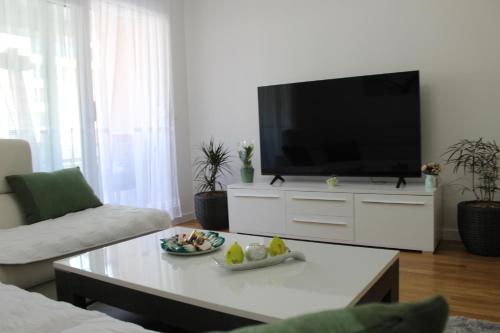 a living room with a television on a white dresser at Apartman Nivalis in Čapljina