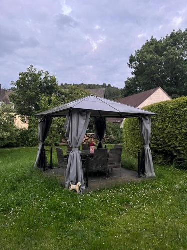 a gazebo with a dog laying in the grass at Hotel Spies in Gladenbach