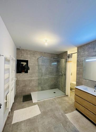 une salle de bain avec douche et lavabo dans l'établissement Maison de campagne idéale pour les retrouvailles en famille, à Varaignes