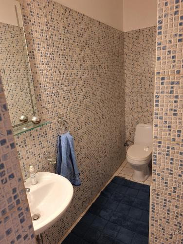 a bathroom with a sink and a toilet at Seaview apartment with jacuzzi and home cinema in Nea Makri