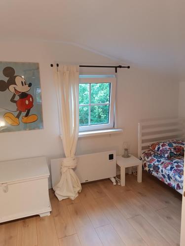 a bedroom with a mickey mouse bedroom with a window at Domek letniskowy Kopalino nad morzem in Lubiatowo