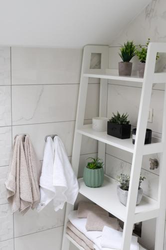 a bathroom with white shelves with towels and plants at Apartmani Link in Požega