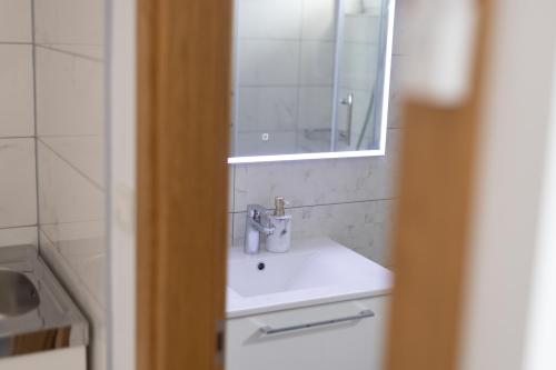 a bathroom with a sink and a mirror at Apartmani Link in Požega