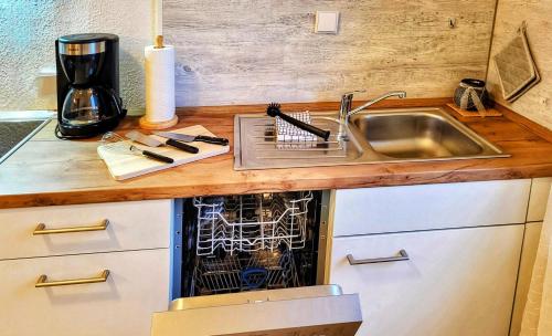 a kitchen counter with a dish drying rack next to a sink at HIRSCH FeWo Brocken - Parkplatz - Zentral in Bad Harzburg