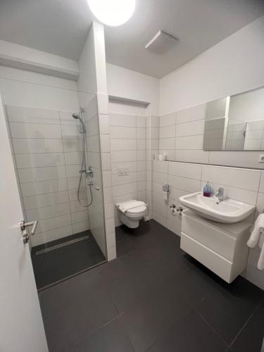 Un baño con inodoro, lavabo y ducha. en New Age Boardinghaus, en Heilbronn