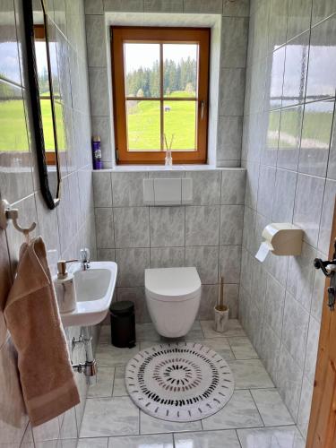 a bathroom with a toilet and a sink and a window at Ferienhaus Praschberg in Niederndorferberg