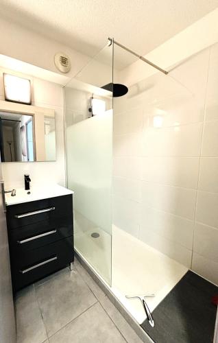 une salle de bain avec douche et lavabo dans l'établissement Studio bord de mer, à Fréjus