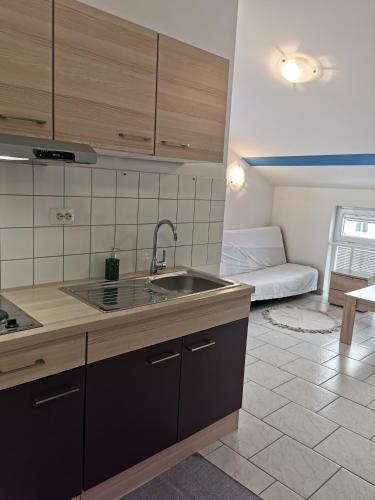 a kitchen with a sink and a couch in a room at Apartments Riva Povljana in Povljana