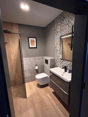 a bathroom with a toilet and a sink and a shower at U Boku Stoku - Domki w Kasinie in Kasina Wielka