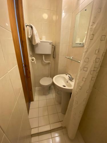 a small bathroom with a toilet and a sink at European Hotel in London