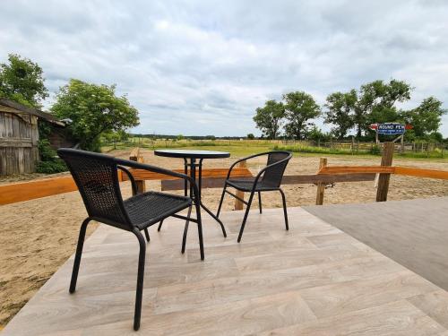 two chairs and a table on a patio at Luxuszelt in der Pferdeherde in Kruge-Gersdorf