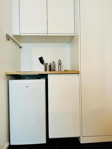 une cuisine blanche avec des armoires blanches et un réfrigérateur dans l'établissement Au centre de paris Saint-michel et St germain despres, à Paris