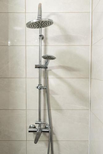 a shower with a shower head in a bathroom at Lady-s Place in Floreşti