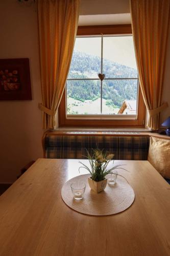a table with a plant on it with a window at Appartementhaus Olympia Schlössl in Neustift im Stubaital