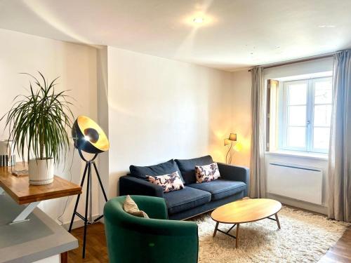 un salon avec un canapé bleu et une table dans l'établissement Le Saint-Grégoire : Appart lumineux centre-ville, à Poitiers