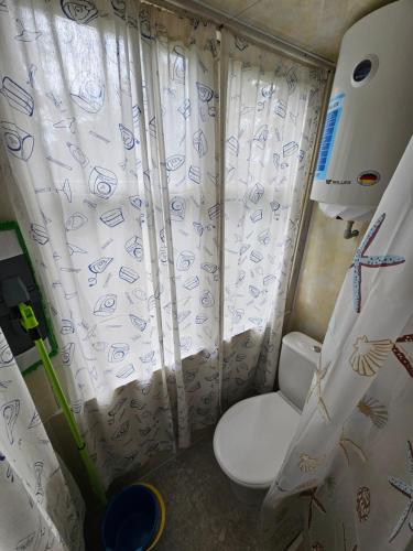 a small bathroom with a toilet and a shower curtain at База відпочинку Енергія in Rudnya Peskovskaya