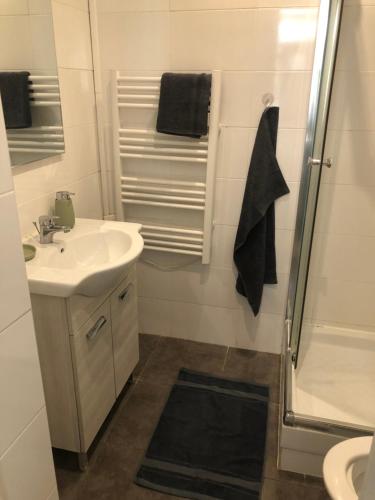 une salle de bain avec un lavabo et une douche dans l'établissement PARIS et CDG, à Livry-Gargan