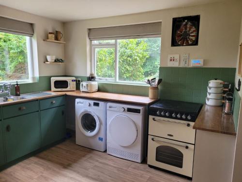 a kitchen with a washer and dryer in it at Outrake Cottage in Coniston