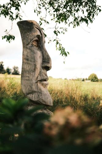 a statue of a head in a field at Nisihof, Buurenzimmer Family or Single in Oberkirch
