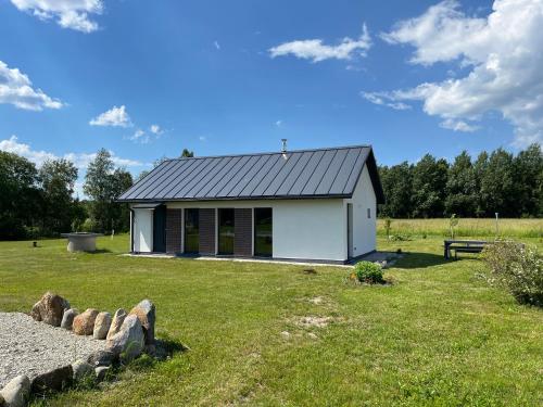 a small white house in a grassy field at Банный дом in Liikva