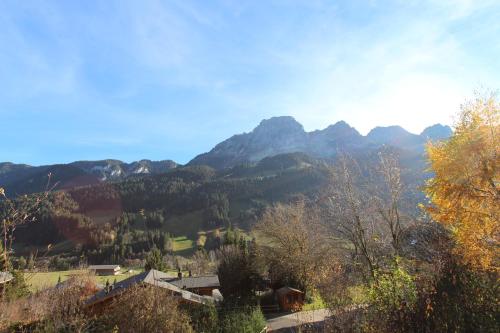 vistas a un valle con montañas en el fondo en Les Jumelles en Gstaad