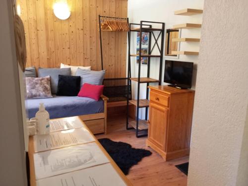 Cette petite chambre comprend un lit et une télévision. dans l'établissement Studio confort 2 pers. avec piscine, sauna et parking à Valloire - FR-1-263-483, à Valloire