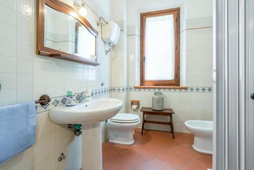 a bathroom with a sink and a toilet and a mirror at Villa Acquaviva With Pool In Perugia in Binami