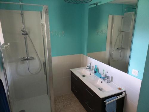 une salle de bain avec un lavabo et une douche dans l'établissement Gîte Au Val d'Auxois, à Athie