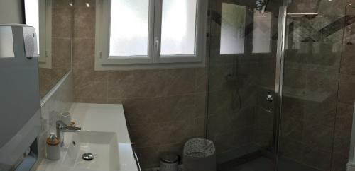 une salle de bain avec douche et lavabo dans l'établissement la Recouturière, à Saint-Thibéry