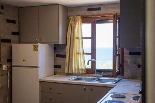 a kitchen with a sink and a refrigerator and a window at Το καλύβι της γιαγιάς in Damouchari